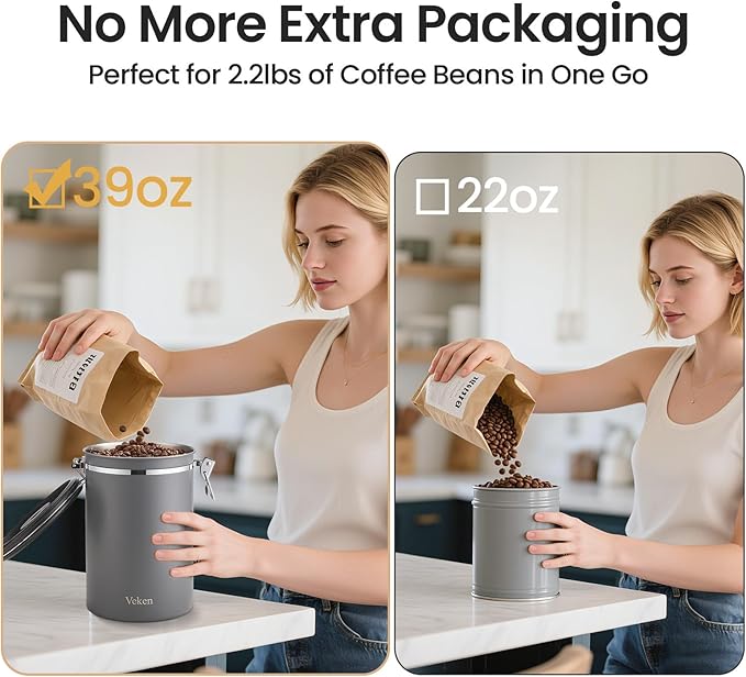 Veken Coffee Canister, 39OZ Large, Airtight Stainless Steel Food Storage Container for 2.2lbs Coffee Beans, Ground, Sugar, Tea, Flour, Cereal, Kitchen Bar Accessories with Date Tracker & Scoop, Gray