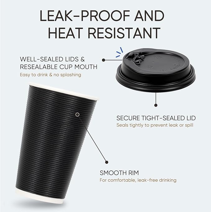 100 Pack 16 oz Disposable Coffee Cups with Lids and Straws, Insulated Ripple Wall To Go Paper Corrugated Cups, Bulk for Hot/Cold Drinks, Cafe Bar, Office, Chocolate, Cocoa (Black)