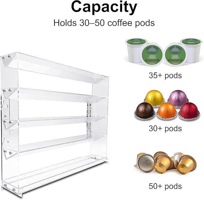 5 Tier Coffee Pod Holder for Nespresso Vertuo, Wall Mount K Cup Holder for Small Space, Clear Acrylic Coffee Pod Organizer Compatible with Most Standard Pods (30-50 Pod Storage)