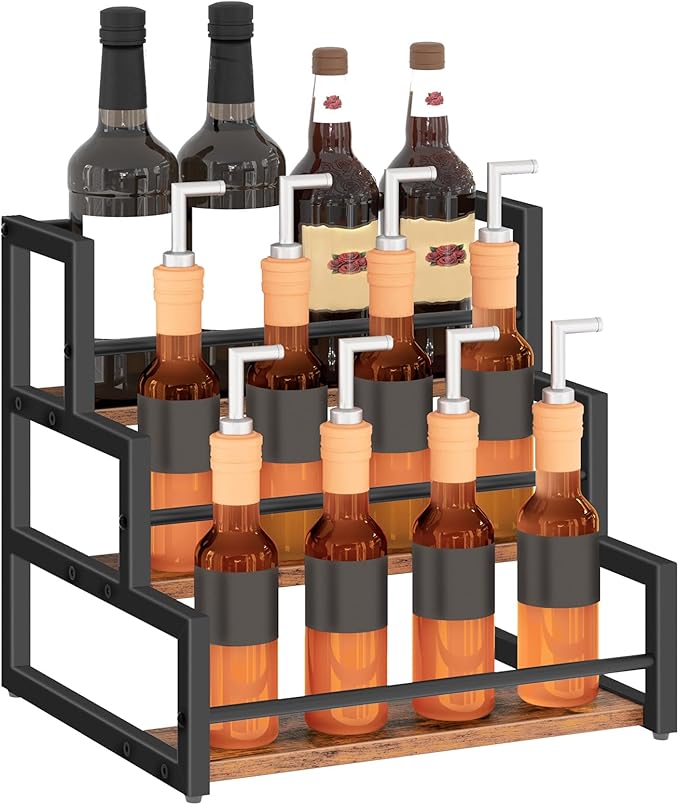 HOOBRO Coffee Syrup Rack Organizer, 3-Tier 12-Bottle Syrup Holder Stand for Coffee Bar, Wine Rack Countertop Storage Rack for Syrup, Wine, for Kitchen Coffee Station, Rustic Brown and Black BF38JJ01