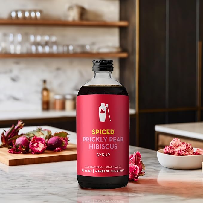 Shaker & Spoon Spiced Prickly Pear Syrup, 16oz Hibiscus Flowers & Cinnamon Flavored Syrups for Drinks, Margarita Mix Alternative, Vegan Craft Cocktail Syrup for Mocktails, Non Alcoholic Drinks