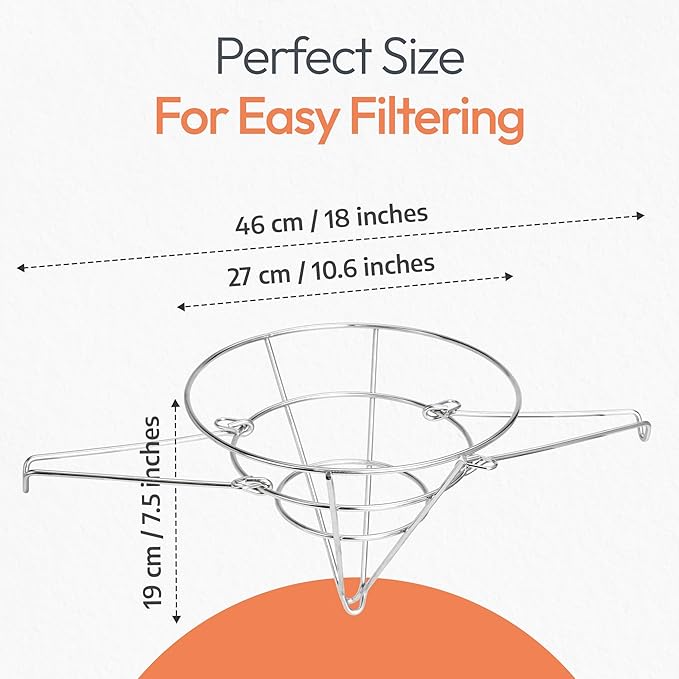 Cleaner Oil, Better Filtration – Stainless Steel Cone Filter Holder with 20 Paper Filters | 10-Inch Cone Filters for Longer-Lasting Frying Oil & Maple Syrup