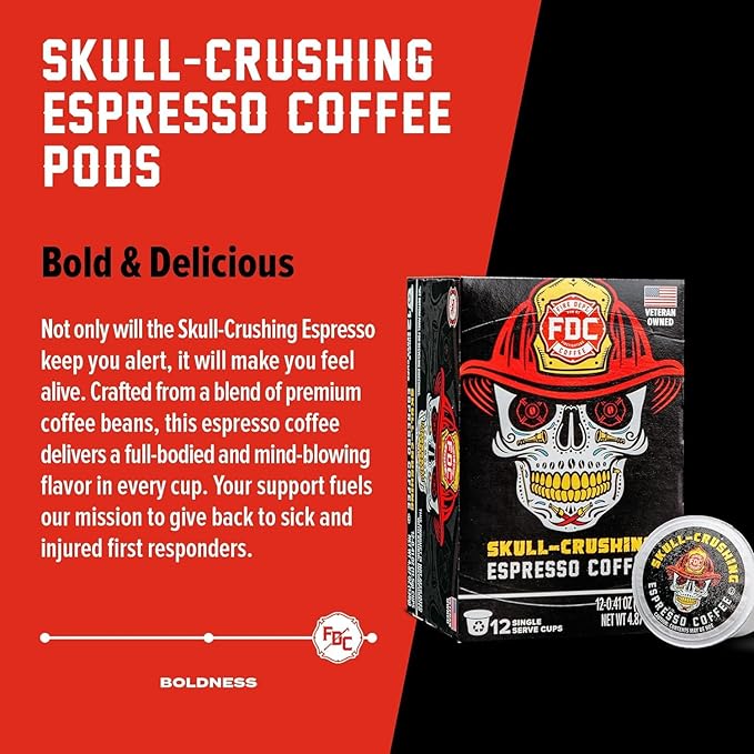 Fire Department Coffee - Gives Back to Firefighters - Skull Crushing Espresso Coffee Pods - Full-Bodied & Bold Espresso K Cups - Roasted in the USA - Veteran Owned - 24 Single Pods