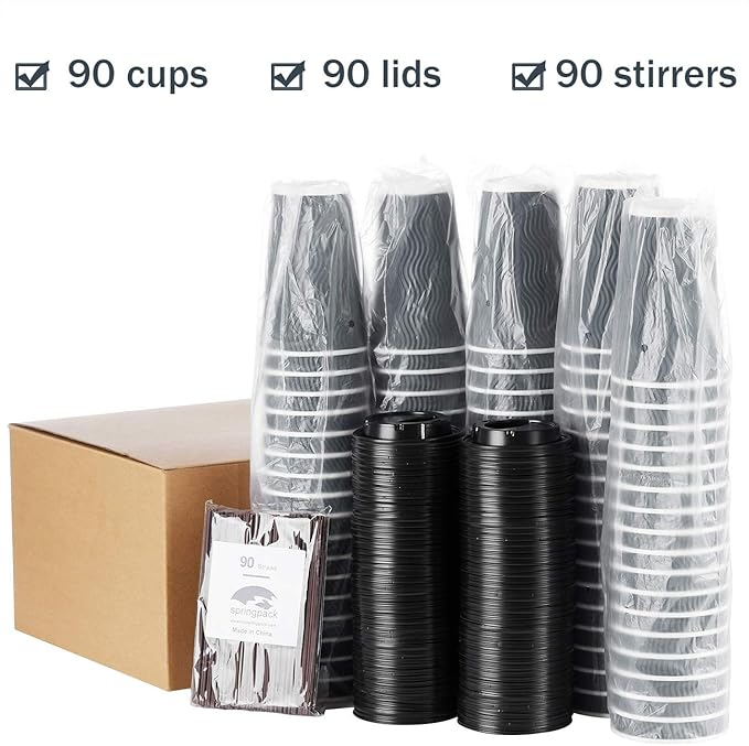 Disposable Coffee Cups with Lids and Straws - 16 oz (90 Set) Togo Hot Paper Coffee Cup with Lid To Go for Beverages Espresso Tea Insulated Reusable Cold Drinks Ripple Cups Protect Fingers From Heat