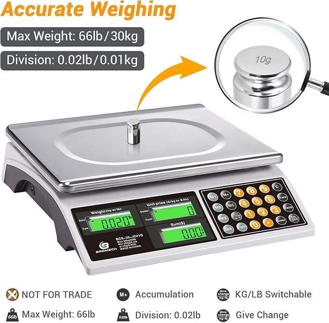 Price Computing Scale, 66lb Digital Commercial Food Meat Produce Weighing Scale with Green Backlight LCD for Farmers Market, Retail Outlets, Dry Battery Powered, Not for Trade