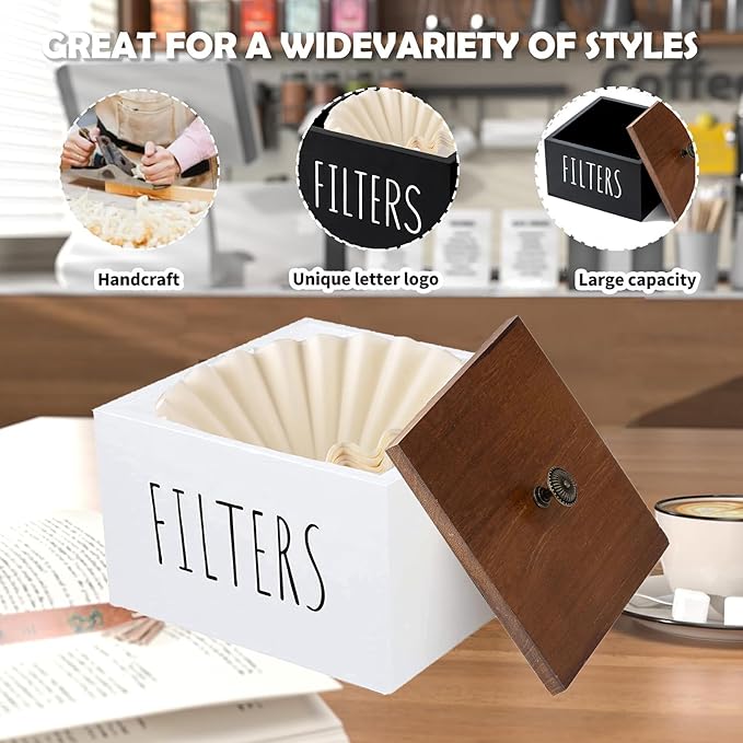 Wooden Coffee Filter Holder - Container With Lid, Rustic Dispenser Basket for Bar Decor, Farmhouse Accessories (White)