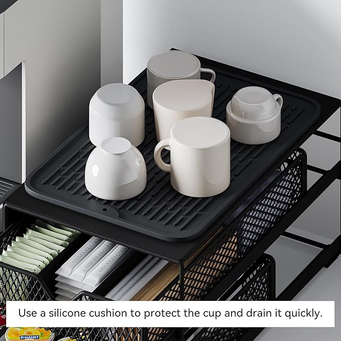 Coffee Maker Countertop Organizer,K Cup Pod Drawers,60 Coffee Capsule Pod Holder,Integrated Design Requires No Assembly.Slidng Storage Pod Baskets,Pod Stands,Silicone Drink Coasters