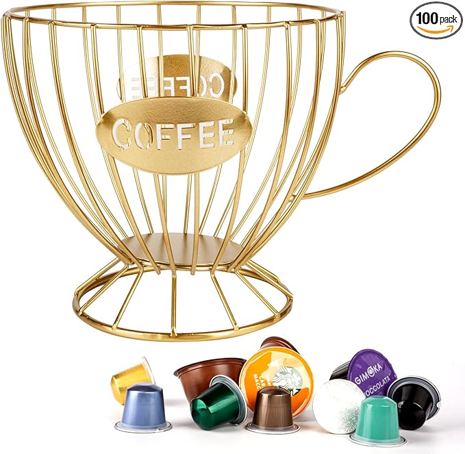 Stainless Steel Cup Coffee Basket pods holder Sturdy for Home or Office Kitchen Counter Organizer Espresso Capsule (Coffee Cup Shape GOLD)