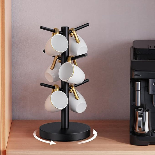 Coffee Mug Holder Tree, Upgraded 360° Rotated Cup Holder for Counter, Wood Mug Rack with 6 Hooks, Coffee Mug Organizer Station, Mug Stand Bar Accessories, Black