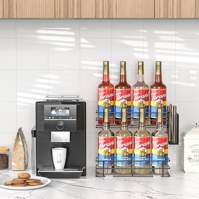 OVICAR Coffee Syrup Organizer Rack - 8 Bottle Holder Stand for Coffee Bar & Station Accessories with Straw & Pod Basket, 2 Tiers Black