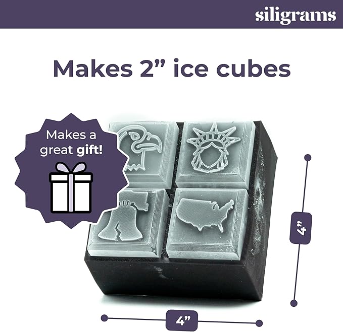 SILIGRAMS - USA Ice Cube Mold Tray - Bartender 2" Cocktail Ice Tray Molds for Whiskey - Custom Personalized Ice Cube Mold - Monogram Designer Ice Tray - Reusable Silicone Ice Trays