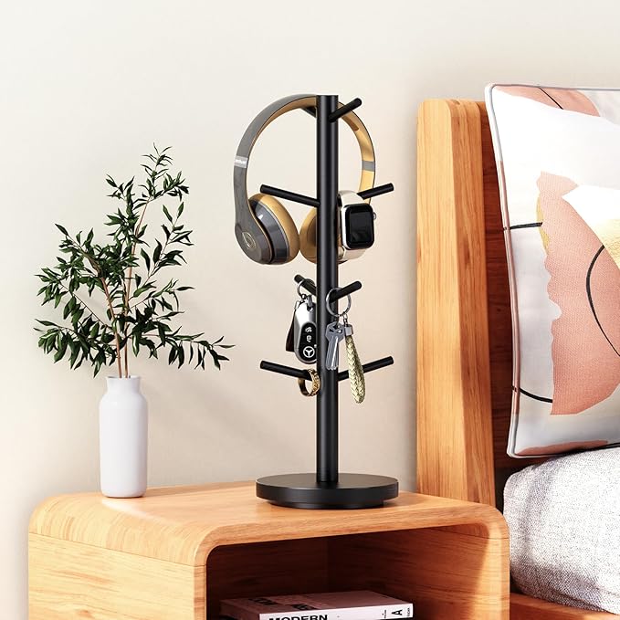 Coffee Mug Holder Tree, Upgraded 360° Rotated Coffee Cup Holder for Counter, Wood Coffee Mug Tree, Coffee Mug Rack with 8 Hooks, Coffee Mug Organizer Station, Mug Stand Coffee Bar Accessories, Black