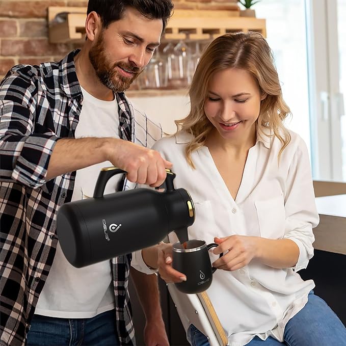 IDEUS Thermal Coffee Carafe 68oz (2,000ml), Stainless Steel Double Wall Insulated Vacuum Flask, Water Jug Coffee Server and Beverage Dispenser, Heat and Cold Retention (Black-Gold, 68oz (2,000ml))