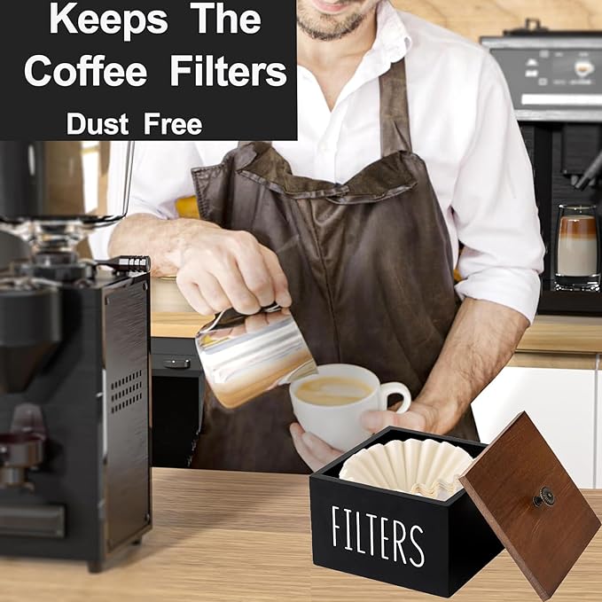 Coffee Filter Holder, Wooden Coffee Filter Container Coffee Filter Storage with Lid, Rustic Coffee Filter Dispenser Basket for Coffee Bar Decor, Farmhouse Coffee Bar Accessories (Black)