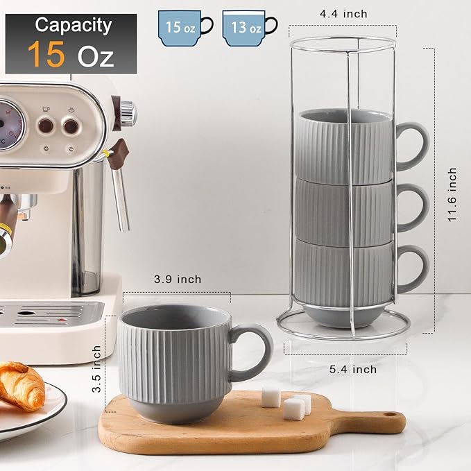 Hasense Coffee Mugs Set, Stacking Tea Cups Set of 4 with Holder - 15 oz Large Ceramic Ribbed Latte Cup Set for Cappuccino, Tea, Hot Cocoa, Drinks - Dishwasher & Microwave Safe, Grey