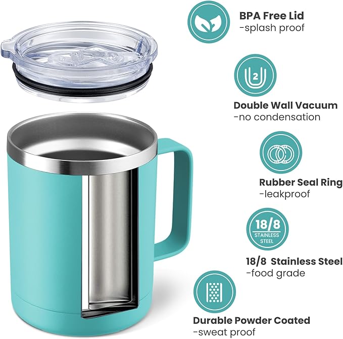 MEWAY 12oz Coffee Mug With Handle 4 Pack Bulk,Stainless Steel Insulated Travel Tumblers With Sliding Lid,Double Wall Vacuum Camping Cup for Hot & Cold Drinks Tea (Light Green,Set of 4)