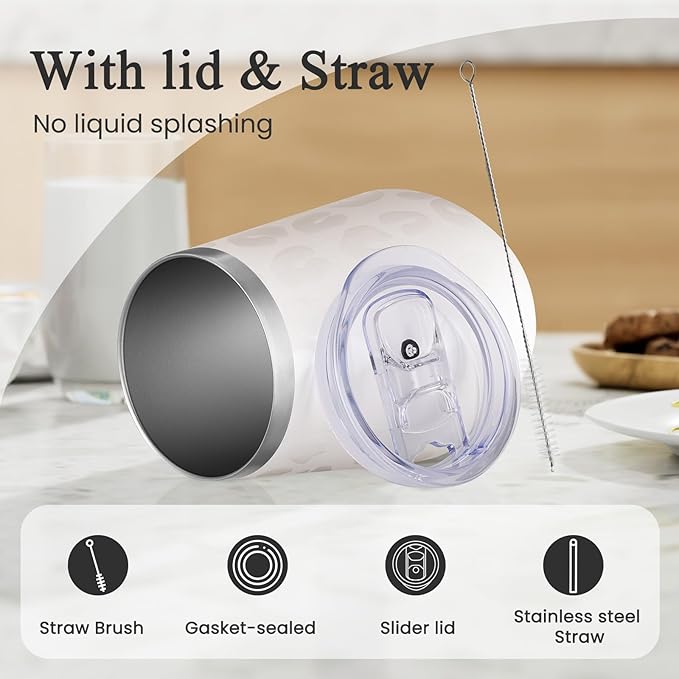 MEWAY 12oz Insulated Wine Tumbler with Press-In Lid, Double Wall Vacuum Stainless Steel Travel Tumbler with Straw,Travel Cup for Coffee and Drinks, Gift for Woman Under 10 dollars(Almond Leopard,1)