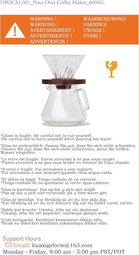 Pour Over Coffee Maker, 20 oz Borosilicate Glass Carafe with 100 pcs V60 Paper Filter by Gsform, Walnut Handle & Glass Lid, Drip Coffee Maker for Home Café Restaurant Camping, 600 ml, Clear