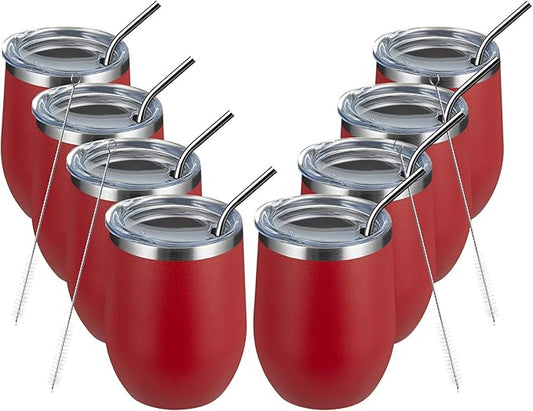 MEWAY 12oz/8 Pack Wine Tumbler Glasses with Lid - Stemless Double Wall Vacuum Stainless Steel Travel Tumbler - Keeping Cold & Hot for Wine,Coffee,Cocktails,Drinks-Family and Gifts (Red,Set of 8)