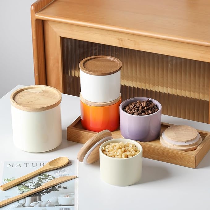 Sweejar Kitchen Canisters Ceramic Food Storage Jar, Stackable Containers with Airtight Seal Wooden Lid for Serving Ground Coffee, Tea, Sugar, Spice and More - 5 Fl Oz(Gradient Blue)