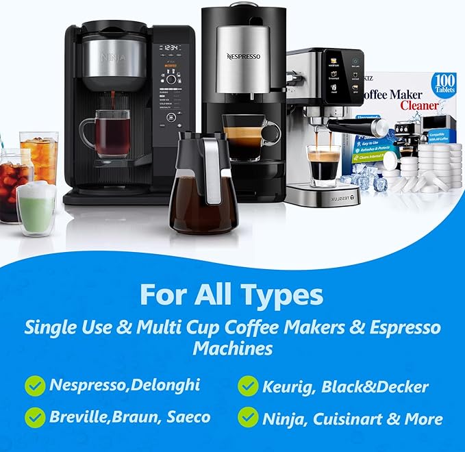 100 Pack Coffee Machine Cleaner Descaler Tablets,Coffee Maker Cleaner for Keurig, Ninja, Breville, Delonghi, Nespresso, Miele,Espresso Machine Cleaning Tabs,Descaling Solution for Coffee Pot Maker