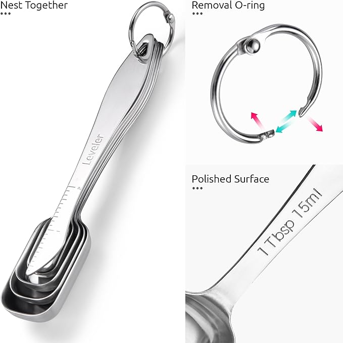 U-Taste Narrow Square Measuring Spoons: 18/8 Stainless Steel Kitchen Measure Teaspoon Tablespoon with Leveler, Polygon Rectangular Metal Jar Scoop for Baking Cooking, Coffee, Spice, Powder (Set of 6)