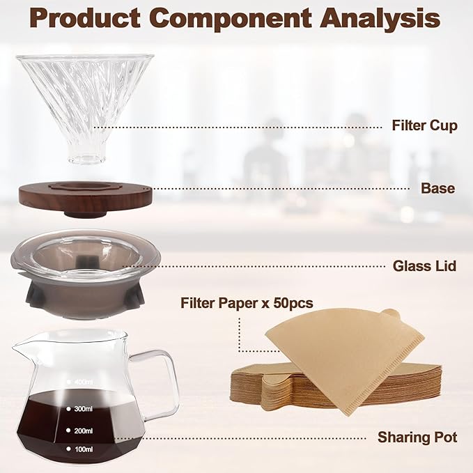 Pour Over Coffee Maker Set 400ml Portable with 50 Pcs Filter Paper Glass Coffee Maker High Borosilicate Glass Eagle Beak Spout Design Walnut Wood Base for Pour Over Dripper for Daily Brewing