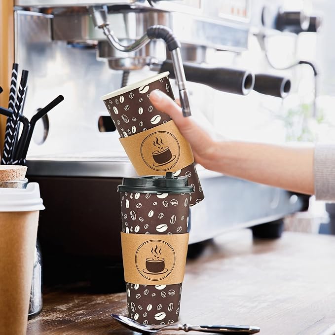 JOLLY PARTY Disposable Coffee Cups with Lids, Sleeves and Straws - 20oz(50 Pack) Paper Cups with Lids, Hot Coffee Cups for Shops, Cafes, and Concession Stands(Dark Brown)