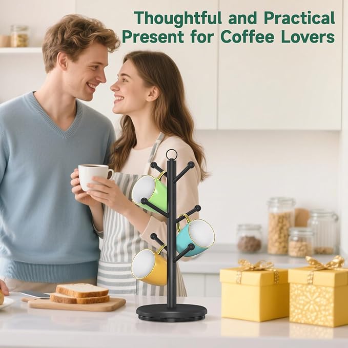 EsLuker.ly Mug Holder Tree Bamboo 360° Rotating Coffee Cup Display Rack with 6 Hooks for Home Kitchen Counter, Upgrade Wood Mug Stand Station Organizer, Building Your Dream Coffee Corner, Black