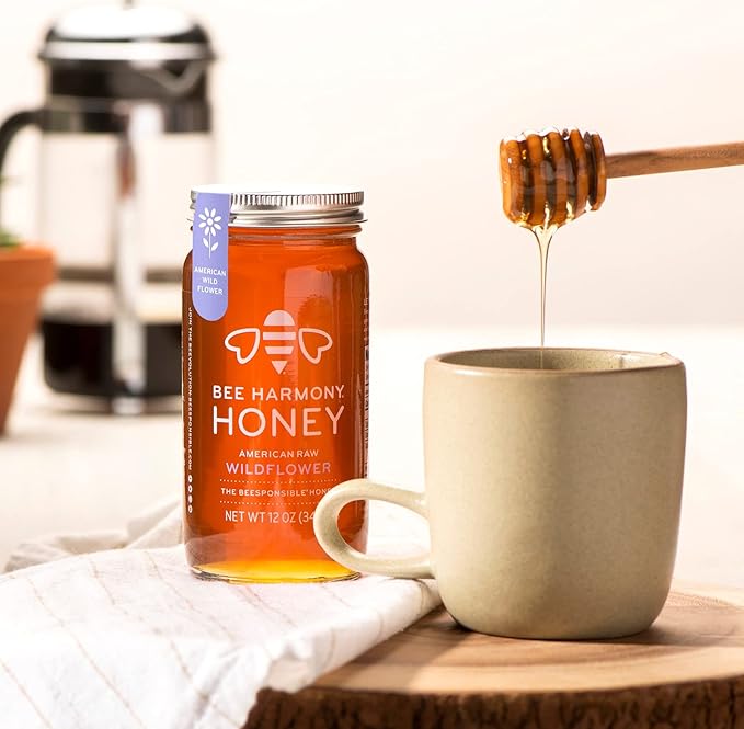 Bee Harmony American Raw Wildflower Honey, 12 OZ (Pack of 2 Jars)