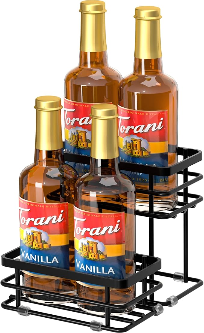 Coffee Syrup Rack Organizer, Syrup Bottle Holder Stand for Coffee Bar, 2-Tier 10 Bottles Storage Shelves for Syrup, Wine, Dressing for Kitchen Countertop (10 Bottles Black)