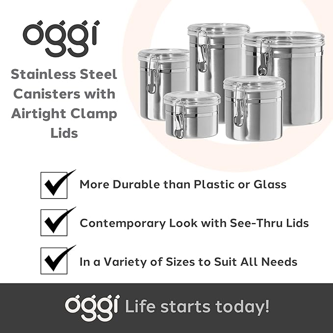 Oggi Stainless Steel Kitchen Canister 62 fl oz - Airtight Clamp Lid, Clear See-Thru Top - Ideal for Kitchen Storage, Food Storage, Pantry Storage. Large Size 5" x 7.5".