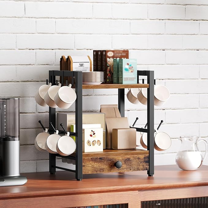 3-Tier Coffee Mug Holder with 12 Hooks, Coffee Bar Organizer, 25 Pods Capacity, Versatile Desktop Storage Rack, Space-Saving, for Kitchen, Living Room, Rustic Brown and Black MH01BR