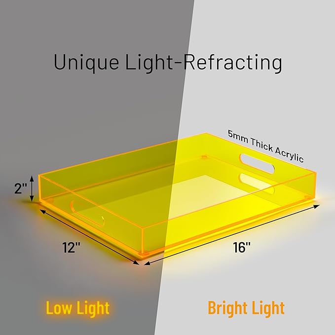 16"x12" Large Acrylic Serving Tray Decorative Ottoman Coffee Table Vanity Tray Tea Fruit Platter Snack Appetizer Dessert Drink with Handles for Bar Kitchen Party, Neon Yellow