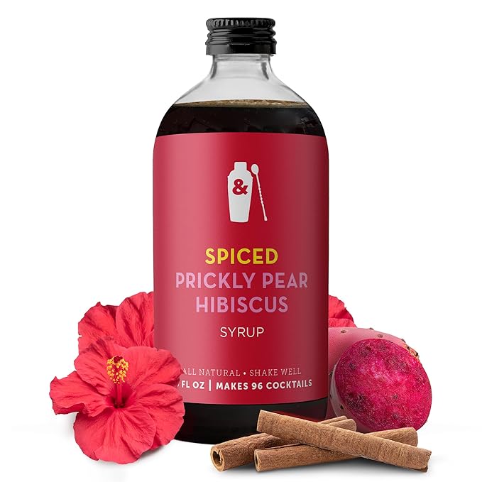 Shaker & Spoon Spiced Prickly Pear Syrup, 16oz Hibiscus Flowers & Cinnamon Flavored Syrups for Drinks, Margarita Mix Alternative, Vegan Craft Cocktail Syrup for Mocktails, Non Alcoholic Drinks