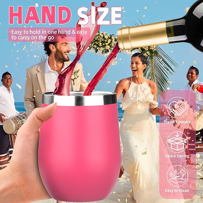 12oz/4 Pack Stainless Steel Wine Tumbler with Lid and Straw, Double Wall Vacuum Insulated Wine Tumbler Glasses, Stemless Travel Mugs for Hot and Cold Drinks, Coffee, Wine, Cocktails