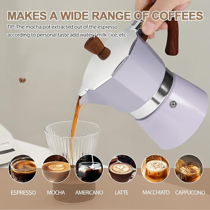 Aluminum 3 Cup 150ml Moka Pot Express Coffee Maker Stovetop Espresso Colorful Coffeemaker Italian Classic Style Brewing Greca Cafe Mocha Machine for Cafeteras Lover Camping Travel and Home Use 5oz