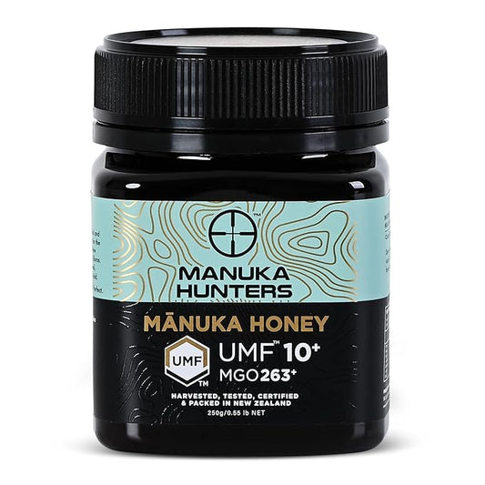 Manuka Hunters UMF 10+/MGO 263+ Certified New Zealand Manuka Honey - 100% Pure Natural Sweetener - Gluten, Dairy Free - Ideal for Tea, Coffee, Smoothies, and Baking - Sustainable - 8.8oz/250g Jar