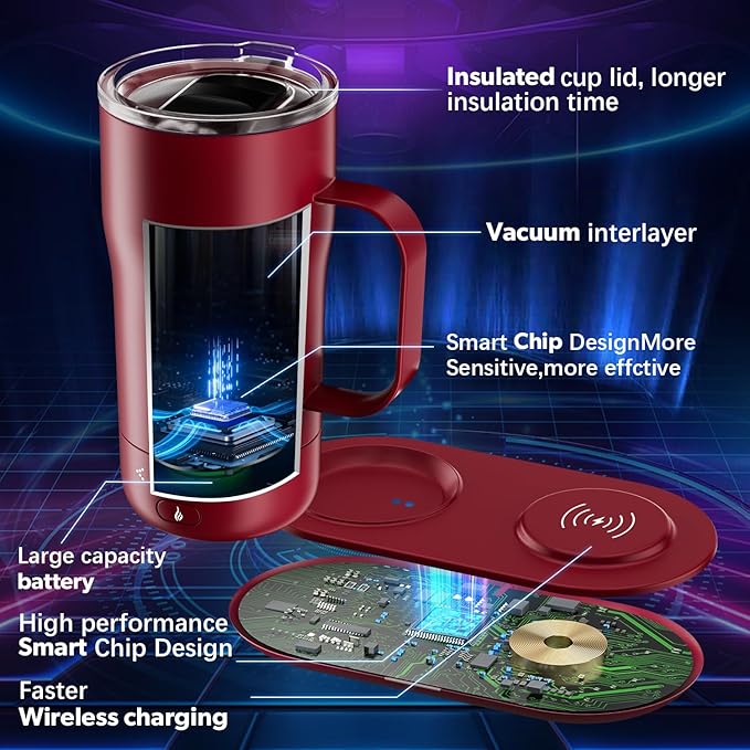 Smart Self Heating Coffee Mug 18 Oz Temperature Control Heated Coffee Mug App Controlled Warmer Mug 5-10 Hour LED Display Keep Coffee Hot All Day Fast Wireless Charger Base Rogue red