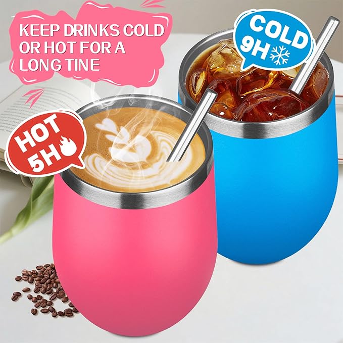 12oz/4 Pack Stainless Steel Wine Tumbler with Lid and Straw, Double Wall Vacuum Insulated Wine Tumbler Glasses, Stemless Travel Mugs for Hot and Cold Drinks, Coffee, Wine, Cocktails