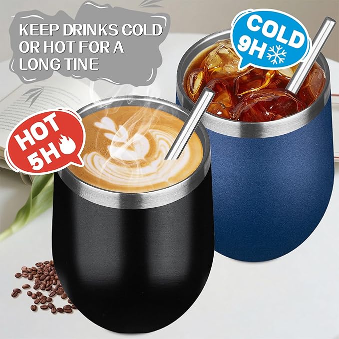 12oz/4 Pack Stainless Steel Wine Tumbler with Lid and Straw, Double Wall Vacuum Insulated Wine Tumbler Glasses, Stemless Travel Mugs for Hot and Cold Drinks, Coffee, Wine, Cocktails