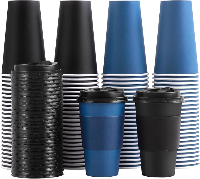 SIUQ 100 Pack 16 oz Disposable Coffee Cups with Lids and Sleeves, To Go Paper Cups, Hot & Cold Drinking Cups for Tea, Coffee, Water, Hot Chocolate, Paper Coffee Cups Ideal for Home,Cafes,Store