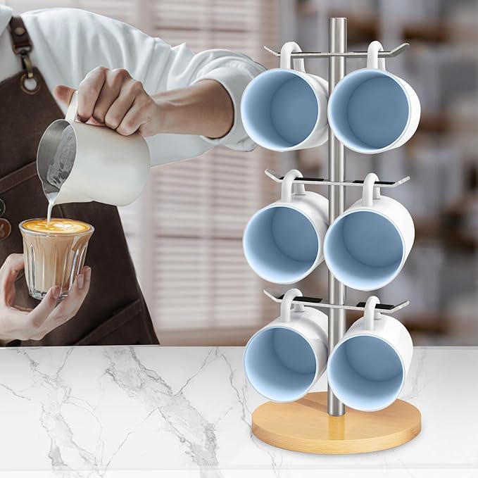 Mug Holder Tree, Coffee Cup Holder for Countertop, 6 Hooks Mug Tree, Coffee Mug Rack, Metal Mug Stand(Brushed Nickel)