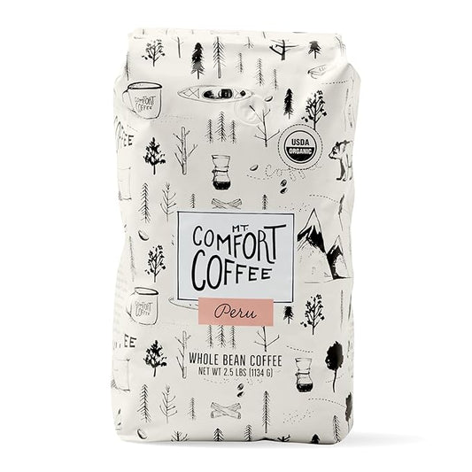 Mt. Comfort Coffee Organic Peru Medium Roast, 2.5 Pounds - Flavor Notes of Nutty, Chocolate, & Citrus - Sourced From Small, Peruvian Coffee Farms - Roasted Whole Beans