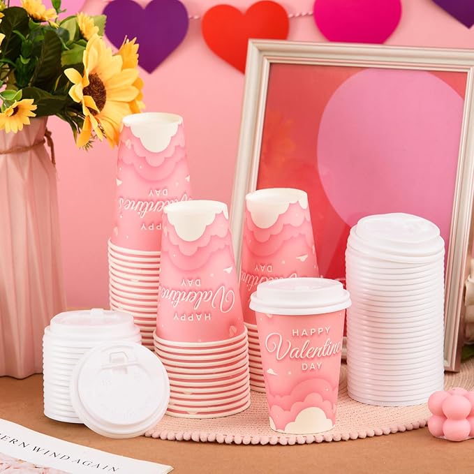 FOBSME 50 Pcs Valentine Disposable Coffee Cups With Lids 12oz Pink Cloud Heart Paper Cups Happy Valentine’s Day Drinking Cups for Wedding Anniversary Party Supplies