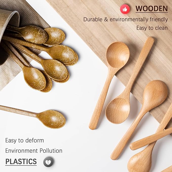 7 PCS Wooden Spoons for Eating, 7 inch Wooden Honey Spoons for Tea, Wood Teaspoons for Stirring Coffee, Beech Wood Table Spoon for Cooking, Small Serving Spoon for Soup, Desserts & Cereal