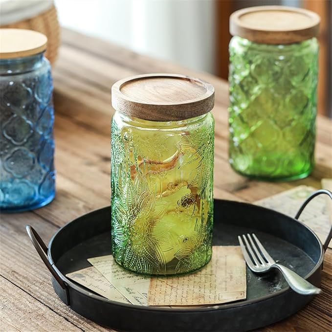 ANSQU Vintage Glass Storage Jar with Lid - 34 oz Mason Jar for Kitchen & Bathroom - Containers for Coffee, Tea, Cookies, Candy, Nuts, Pet Food, Bath Salts - Decorative Pantry Organizer (Blue & Green)