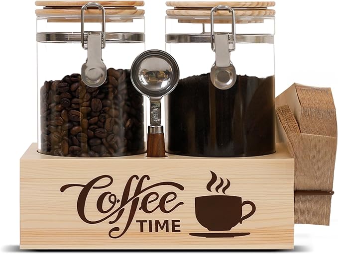 Glass Coffee Canister Set with Shelf & Spoon 2 Piece Coffee Containers for Coffee Bean Storage Airtight Seal, Coffee Bar Accessories Filter Holder for Kitchen Organization