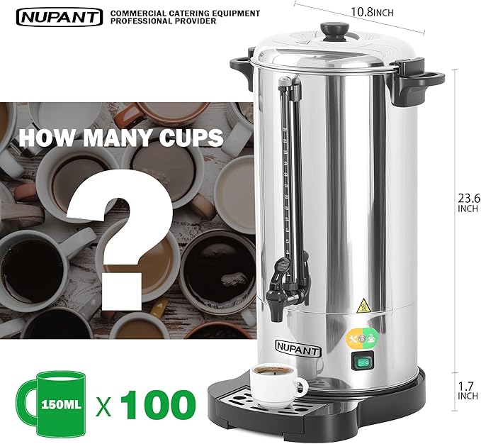 Commercial Coffee Urn 100 Cup/15L Coffee Dispenser with Upgraded Percolator, 304 Stainless Steel Hot Water Urn Beverage Dispenser with Keep Warm Mode, Large Coffee Maker for Catering Party
