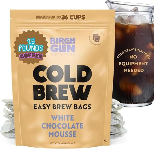 Birch Glen Roasters Cold Brew Coffee Bags - 12 Pack of Coarse Ground Coffee Filter Pitcher Packs for Easy Brewing - 100% Arabica - Yields 6 Pitchers - White Chocolate Mousse Flavor